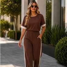 Women's Wide-Leg Pants And Short-Sleeve Top Set Summer - 鏽棕色 - 查看 5