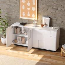 Living Room Sideboard, 160 X 37 X 75.5 Cm, With 4 Doors. Lacquered Cabinet, Low Cabinet With Geometric Design, With Large Storage Space, Black And White Color Scheme, Width 160 - White - View 4