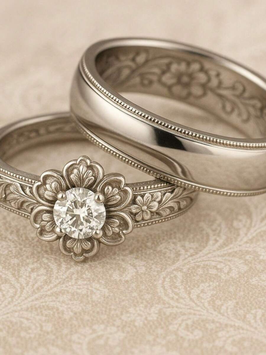 Silver Elegant Women's 2 Pieces Ring Set, Creative Flower & Plain Band Design, Vintage Carved Hand Jewelry, Fashionable Versatile Style Suitable For Wedding, Vacation, Holiday Wear - Silver - View 1