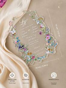 1pc Customized Wildflower Wave-Edge Acrylic Wedding Invitation, Transparent Floral Border Wedding Card, Acrylic Wedding Invitation, Wave-Edge Wedding Card. - Multicolor - View 3