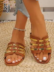 Women's Summer Hollow Metal Strap Flat Slip-On Square Toe Casual Outdoor Beach Sandals - Gold - View 6
