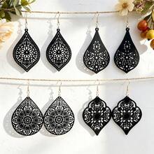 4 Pairs Bohemian Vacation Style Vintage Hollow Carved Black Wooden Pendant Earrings - Gold Hoop Earrings - View 6