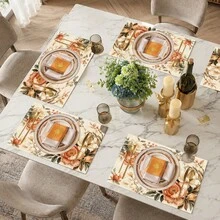 1pc French Vintage Floral Print Linen Style Placemat, Cream Base With Pink Orange Peony Rose Branch And European Scroll Border, Rectangular Table Mat, Elegant Country Style Dining Pad, Breakfast Mat, Kitchen Dining Room Wedding Party Table Decor - Multicolor - View 5
