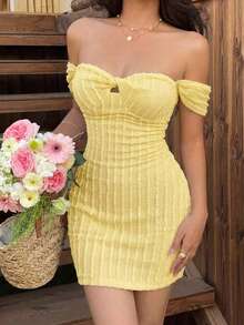 abyoxi Light Yellow Textured Knit Off Shoulder Bodycon Mini Dress, New Arrival Vacation Summer Party Dress - Yellow - View 1
