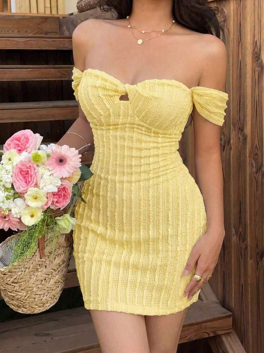 abyoxi Light Yellow Textured Knit Off Shoulder Bodycon Mini Dress, New Arrival Vacation Summer Party Dress - Yellow - View 1