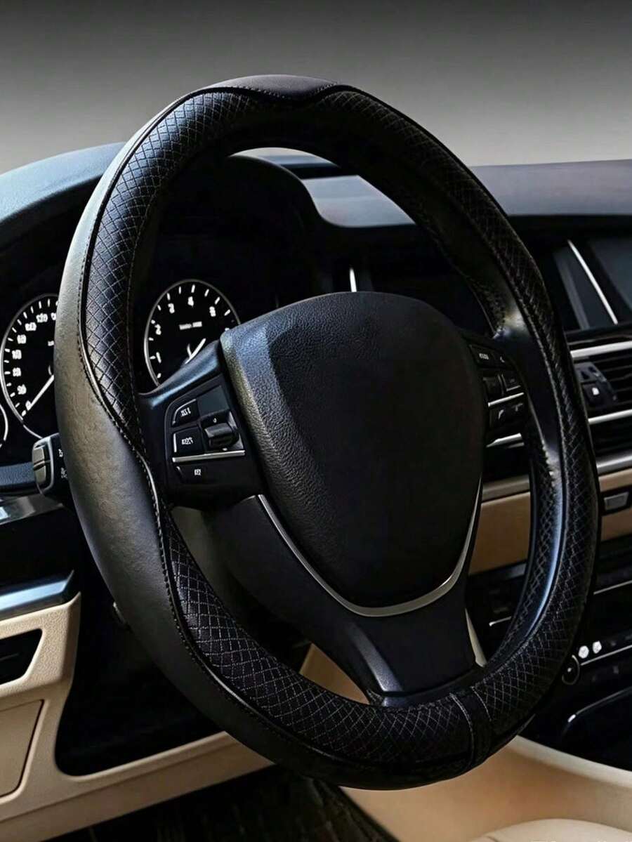 1件裝新款壓紋格紋皮革38cm汽車方向盤套,四季通用條紋鑲嵌防滑耐磨,適用多款車型 - 彩色 - 查看 1