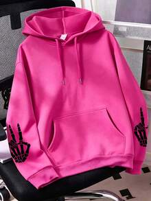 Plus Size Autumn/Winter Casual Sweatshirt, Halloween Plus Size Cool Skull Hand & Face Print And English Text Print Thin Long Sleeve Drawstring Sweatshirt With Pockets, Comfortable Women's Autumn/Winter Daily Wear Clothing, Suitable For Daily Outings, Parties, School, Music Festivals, Vacations And Commuting. Can Be Given As A Gift To Family, Boyfriend, Girlfriend, Friends, Ideal Autumn/Winter Outfit For Girls - Hot Pink - View 2
