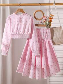 Left Mama Girls Elegant Sweet Polka Dot Short Top & Skirt Set, Spring/Autumn - Pink - View 3