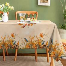 1pc Fall Blue Bird Maple Leaf Wreath Waterproof Tablecloth, Soft Rustic Autumn Wildlife Rectangular Table Cover, Farmhouse Cottage Seasonal Home Decor - Orange - View 3