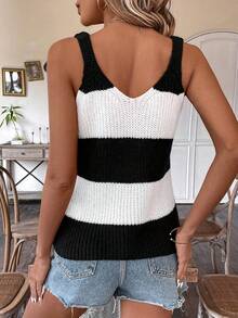 Damen gestreifte Strickweste, elegantes lässiges Top für Alltag, Date, Reisen & Urlaub, Frühling Sommer Strand - Schwarz und Weiss - Übersicht 3
