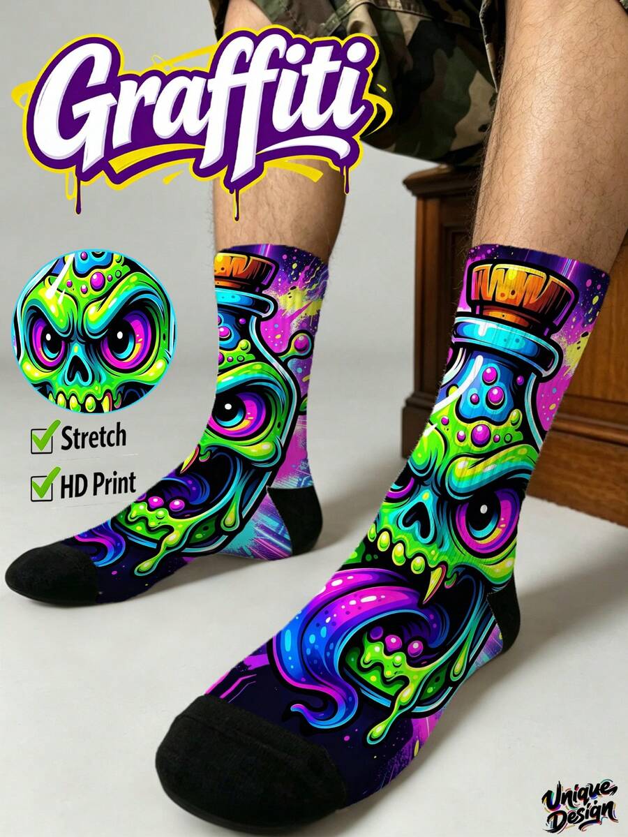 Cool 360° Printed Men's Socks - Street Style Socks, Graffiti Spray Can Monsters, Neon Bottles, Colorful And Fun, Suitable For Daily, Holiday And Party Occasions