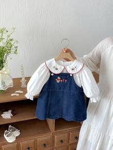 Miniweenns 1pc Baby Girl Denim Sweet Cute Style Adjustable Suspenders Embroidered Pocket Wavy Hem Dress - Blue - View 11