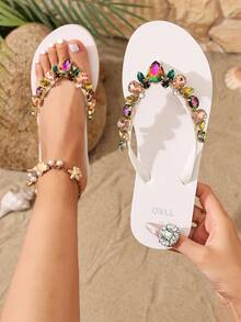 OXLL Women's New Flat Colorful Rhinestone Fashion Flip Flops, Non-Slip Outdoor Beach Sandals - White - View 5