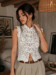 Women's New Chinese Style Frog Button Lace Vest, Stand Collar Sleeveless Crop Top, Modified Cheongsam Style Tank Summer White - White - View 1