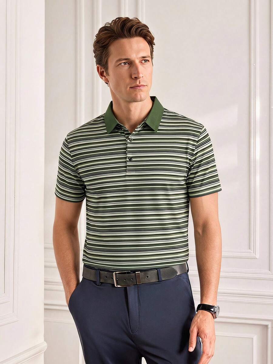 Officeau Pro Man Wardrobe Camisa Polo a Rayas de Verano para Hombre, Top Deportivo Transpirable para Juegos de Pelota al Aire Libre, Golf, Top Versátil - Verde - Ver 1