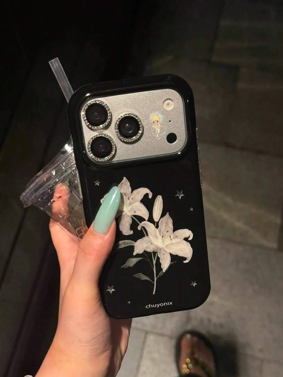 Casing Ponsel Dark Ink Star Lily Fruit Decor 17 Pro Max Baru 16 Pro Artistik Unik 15 PM Tahan Guncangan Apple 17 Pro Premium Feel 16/15 Pelindung 18 Pro Max - Hitam - View 1