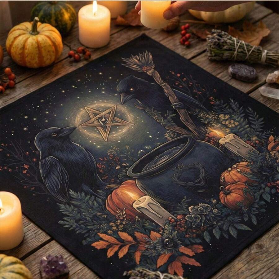 1pc Retro Autumn Witch Tarot Table Cloth Two Black Ravens Cauldron Pumpkin Candle Pentagram Star Print Square Altar Cloth Lightweight Divination Mat Wall Hanging Home Decor - Black - View 1