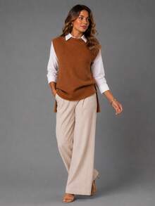 Max Fang Women's Knit Vest With Side Slits - Camel - View 4