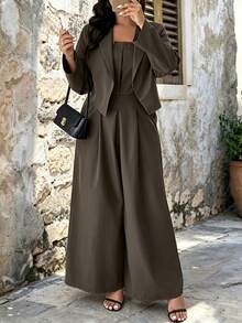 Women's Elegant Lapel Plus Size 2-Piece Set, Casual Outfit With Ruched Bust Design And Spaghetti Strap Wide Leg Pants, Autumn Fashion Wear - Coffee Brown - View 3