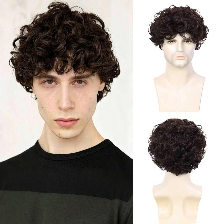 Men'S Fashion Curly Wave Short Wig, Heat Resistant Synthetic Fiber, Business Casual Role Play, Multi-Functional With Rose Net Cap, 150% Density Sports Style Hairpiece - Multicolor - View 1