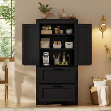 Country-Style Kitchen Cabinet With 2 Drawers And Adjustable Shelves, Barn Door Design Sideboard, Suitable As Storage Furniture For Kitchen, Dining Room, And Living Room, Black - View 4