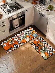 1/16Pcs Hello Fall Theme Doormat, Thanksgiving Door Mat, Printed With Orange Pumpkin, Maple Leaf And Black & White Plaid Pattern, Autumn Harvest Festival Decoration Mat, Welcome Kitchen Rug, Dirt-Resistant Floor Mat, Autumn Party Decoration - Multicolor - View 6