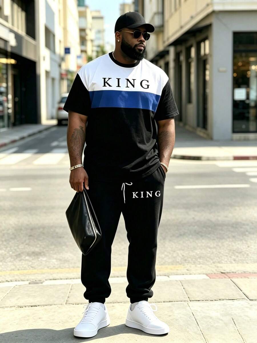 【大码男士专属】黑色、白色、酒红色撞色“KING”字母短袖抽绳长裤套装,宽松修身两件套,圆领T恤搭配休闲长裤 - 藍色 - 查看 1