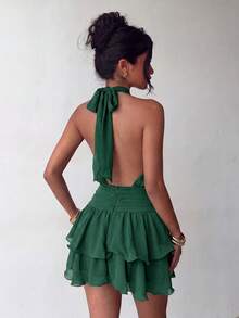 Elegante Vestido Mini de Moda con Cuello Halter, Espalda Descubierta y Volantes en Capas - Boda - Verde Oscuro - Ver 9