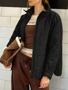 Chaqueta acolchada corta y ancha para mujer, ligera, resistente al agua y empaquetable para el invierno - Negro - Ver 2
