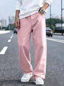 Boys & Teenagers 1pc Simple Loose Outdoor Sports Workout Solid Color Height-Enhancing Long Leg Straight Leg Pants Spring Autumn Winter Back To School - Pink - View 3