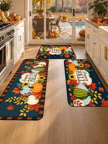 1/16Pcs Autumn Theme Doormat, Thanksgiving Door Mat, Printed With Pumpkin, Sunflower, Maple Leaf Patterns On Navy Blue Background, Autumn Harvest Festival Decorative Mat, Welcome Kitchen Rug, Dirt-Resistant Floor Mat, Autumn Party Decoration - Multicolor - View 1