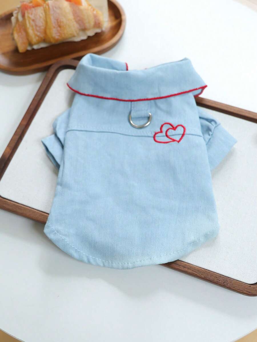 PETCIRCLE 1件裝寵物衣服 小狗幼犬貓用 可愛風翻領設計 附牽繩扣環愛心領襯衫 - 藍色 - 查看 1