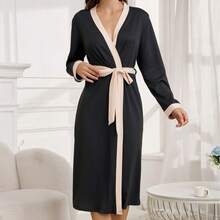 Women's Elegant V-Neck Adjustable Waist Long Robe - Soft Machine Washable Casual Home Morning Robe, Comfortable Loungewear Sleepwear - Black - View 10