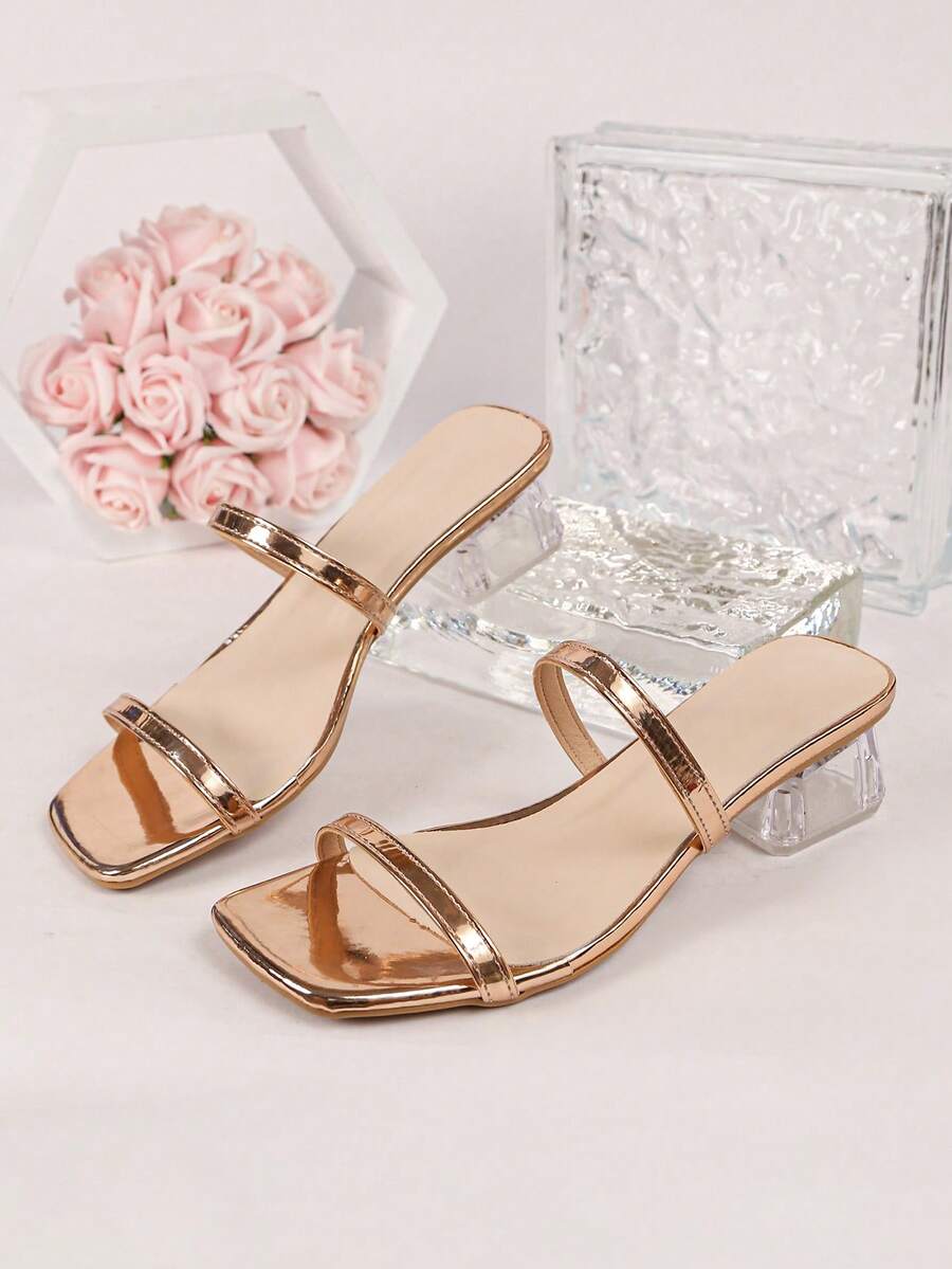 Gentle Style Solid Color Thong Sandals, Transparent Square Heel Open Toe Thin Strap Slippers, Versatile For Dresses - Champagne - View 1