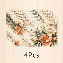 1pc French Vintage Floral Print Linen Style Placemat, Cream Base With Pink Orange Peony Rose Branch And European Scroll Border, Rectangular Table Mat, Elegant Country Style Dining Pad, Breakfast Mat, Kitchen Dining Room Wedding Party Table Decor - Multicolor - View 13