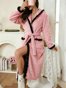 Spring Autumn Winter Thickened Long Sleeve Lace Patchwork Jacquard Cable Knit Plush Women's Robe Bathrobe - Pink - View 1