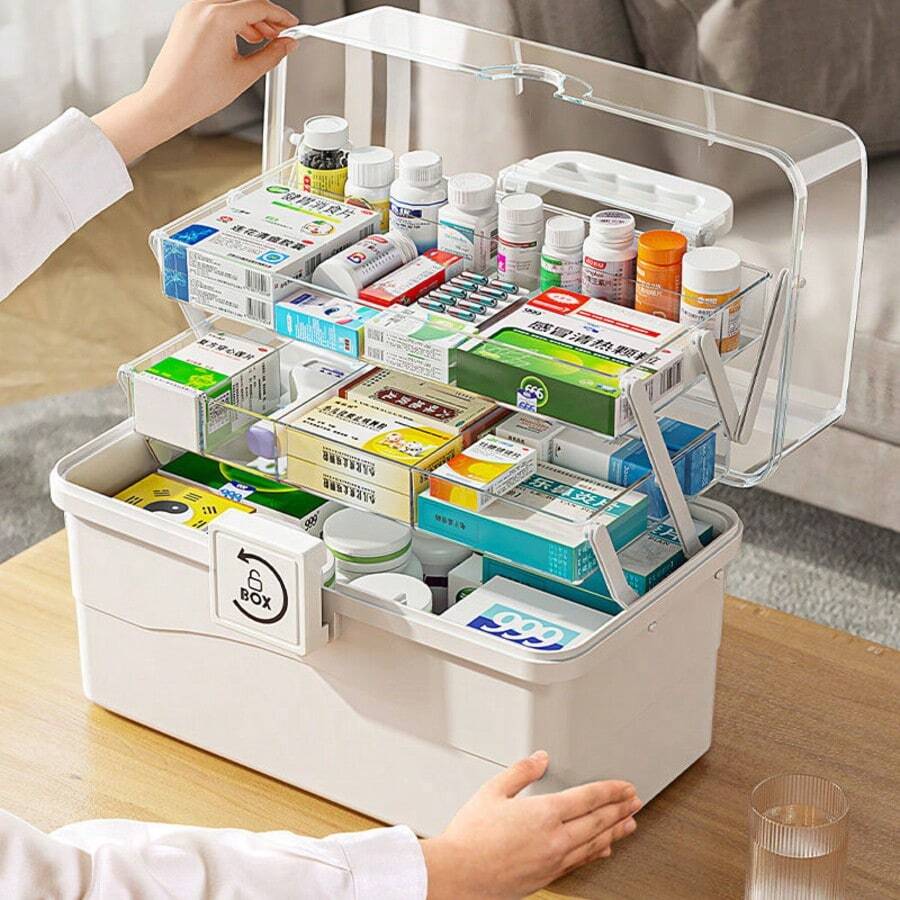 Large Capacity Dust-Proof Medicine Box, Specialized Medication Organizer Storage Box, Multi-Layer Spacious First Aid Kit, Suitable For Home And Dorm Use, Durable Plastic, Sturdy And Reliable, White. - White - View 1