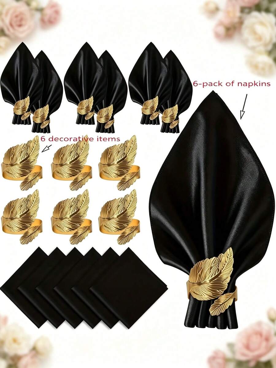 6pcs Fabric Napkins And 6pcs Napkin Rings, 12pcs Set, 17x17 Inch Square Satin Dinner Table Napkins And Rings, Floral Christmas Napkins, Wedding Party Decoration (Black, Gold, White, Champagne, Dark Green, Multiple Colors Available)