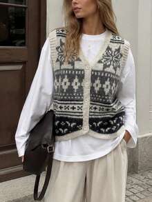 Women's Autumn/Winter Vacation Minimalist Wavy Textured Cardigan Vest - Light Grey - View 4