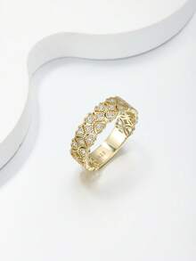 Besthing 1 st S925 sterling silver 0,17 CT moissanit bred ring med spetsmönster, vintage palatsutskuren design, tätt besatt strassring för daglig pendling, kvällsbruk, presentsmycke - Guld - Visa 4