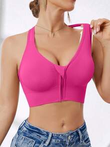 Sujetador deportivo sin costuras y con cremallera frontal de alta intensidad para mujer, adecuado para primavera, verano, otoño e invierno - Rosa Fucsia - Ver 5