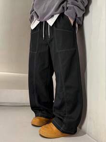1pc Boys Teen Autumn American Street Style College Aesthetic Minimalist Line Wide Leg Casual Long Pants - Black - View 1