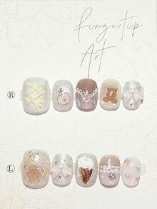 10pcs Milk Mist Glitter Cat Eye Cute Bear Apple 3D Bow Star Hand-Painted Lace Short Round Nail Art Supplies (1pc Jelly Sticker + 1pc Nail File) - Multicolor - View 4