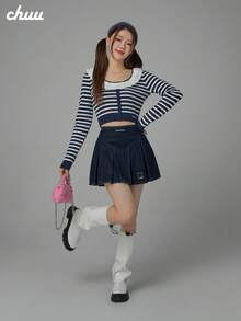CHUU Solid Color Knit Ruffle/Lettuce Trim Sweater, Holiday Daily Date Back To School Party Autumn/Winter Pullover - Navy Blue - View 6