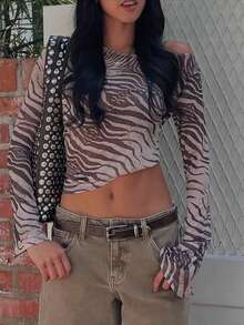 Women Casual Mesh Zebra Print Long Sleeves Sheer Going Out Party Blouse Top - Zebra Print - View 2