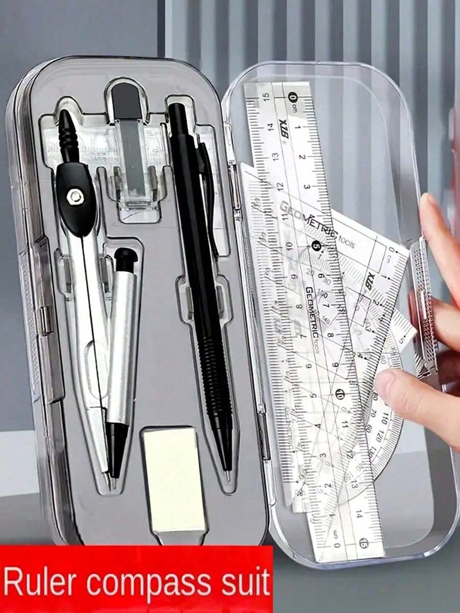 8pcs Transparent Plastic Geometric Compass And Ruler Set - Durable Drawing Tool Kit, Includes Protractor, Triangle Ruler And Eraser, Suitable For School And Art Projects - Sets - View 1