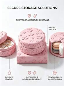 3D Embossed Cherry Blossom Cotton Pad Storage Box With Dust Cover, Cute Aesthetic Makeup Organizer, Desktop Sponge Jewelry Storage Box, Bathroom Countertop Organizer, Sweet Desktop Decor, Creative Holiday Gift For Girls - Multicolor - View 5