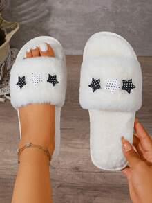 1 Pair Black Fuzzy Open Toe Slippers With Cute Star Decor, Non-Slip Flat Sole, Suitable For Autumn/Winter Home Wear And Outdoor Use - Black - View 1