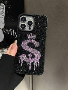 1pc Purple Letter S Solid Color Soft Touch Rhinestone Anti-Drop 2-In-1 Phone Case Compatible With 15promax/17promax/18 - Purple - View 6