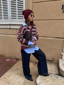 Women's Autumn/Winter Striped Front Button Knit Cardigan Sweater, Lapel Design, Medium Elasticity Pullover, Suitable For Fashion Layering Looks - Red - View 6
